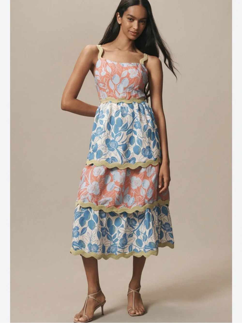 Anthropologie FARM Rio Linen Blend Tiered Ric Rac Midi Dress - Picture 1 of 8
